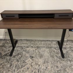 Brown Standing Desk with side hooks and 2 Drawers. 24" x 55"
