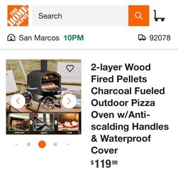 2-layer Wood Fired Pellets Charcoal Fueled Outdoor Pizza Oven w/Anti- scalding Handles & Waterproof Cover