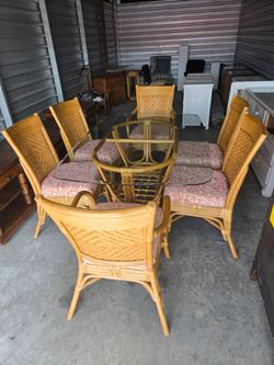Rattan Dining Set with Glass Top and 6 Chairs