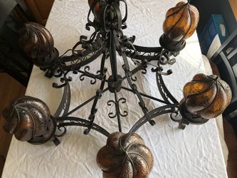 ANTIQUE WROUGHT IRON CHANDELIER AMBER GLASS GLOBES
