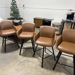 Set of 4 Swivel Double Cushions Seat Barstools, Faux Leather, Whiskey Brown