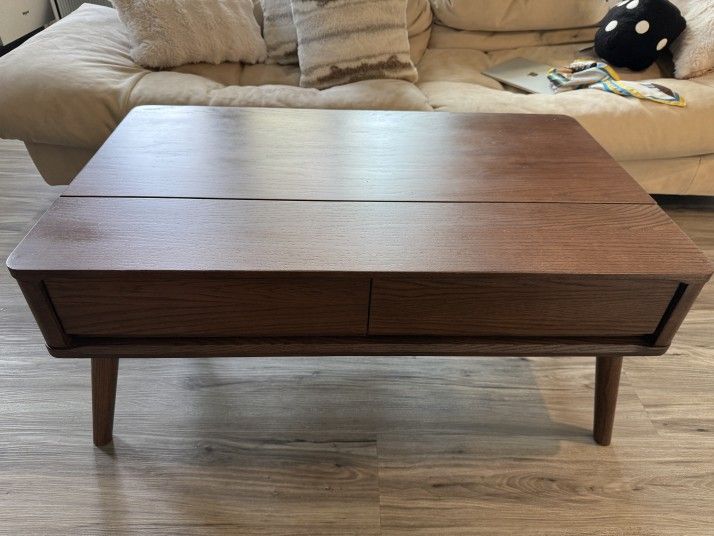Lift Top Coffee Table, 100% Solid Oak Wood Walnut