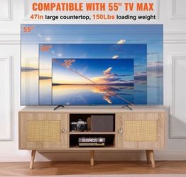 VEVOR Rattan TV Stand, Boho TV Cabinet for 55 inch TV, Mid Century Modern TV Stand, Rattan TV Console with Adjustable Shelfs for Living Room, Media Ro