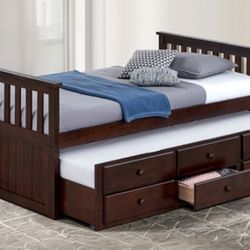 Brand New Espresso Twin Size Bed w Trundle Bed + Drawers 