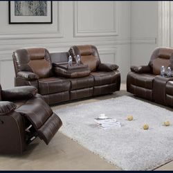 Brown Soft Leather Fully Reclining Three Piece Couch Set