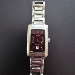 Fossil Arkitekt rectangular watch (burgundy dial, stainless steel bracelet)