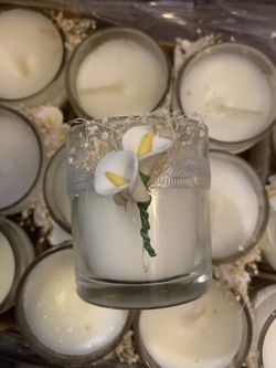 13 “Our Wedding” votive candles - already decorated with Calla Lillies and ribbon