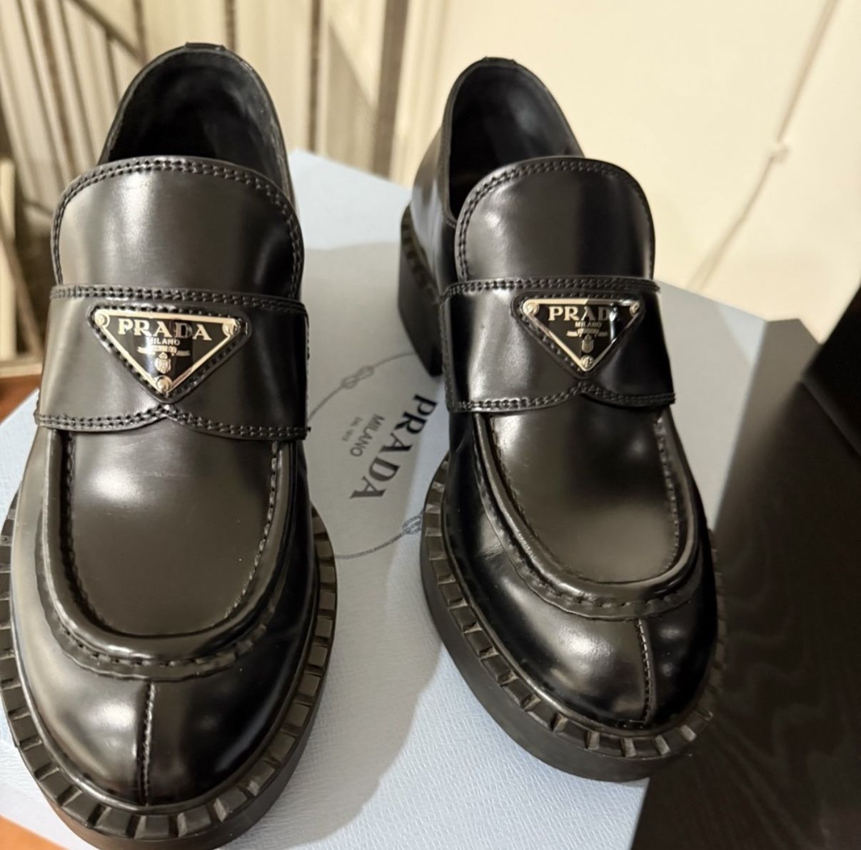 Prada Triangle Leather Loafers