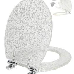 Resin Toilet Seat Round with Easy Clean Adjustable Hinges, Soft Close Quick Release Heavy Duty Silver Glitter Cover Acrylic Toilet Seats (Round 17 Inc