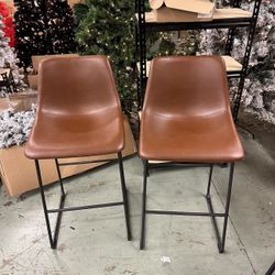  Douglas Urban Industrial Faux Leather Armless Counter Chairs, Set of 2, Whiskey Brown