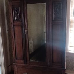 Antique Walnut Armoire Wardrobe with Mirror and Drawer