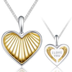 Sterling Silver Heart Pendant Necklace for Women, Double-Sided Gold Accent "I LOVE YOU" Charm, Romantic Jewelry Gift for Her