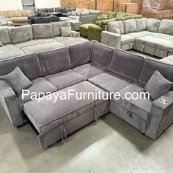 New! Dark Grey Sectional Sofa Bed, Sofabed, Sectional Aofa With Pull-out Bed, Corduroy Sectional, Sofas, Couch, Sleeper Sofa, Plush Sectional With USB