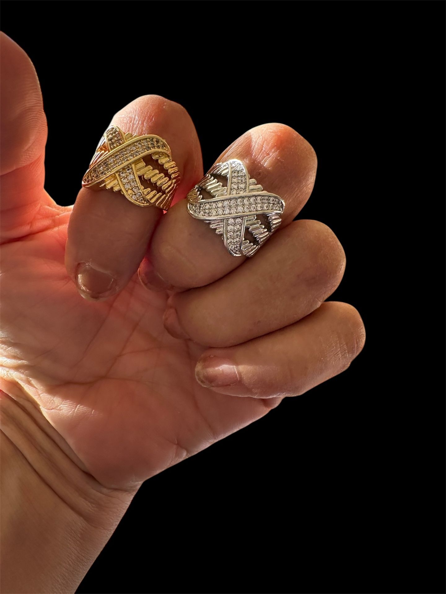 gold plated. tarnish free. zircon. free size ring silver and gold $20each 2 for $35