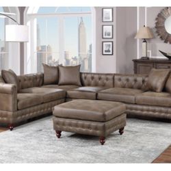 Brown Leatherette Sectional Sofa With Ottoman 