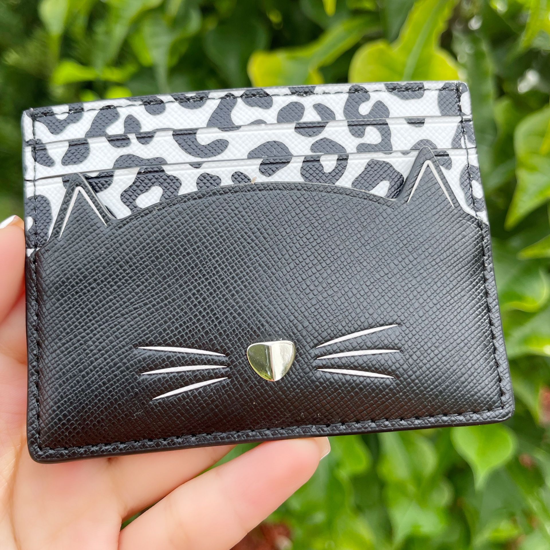 Kate Spade Meow Cat Small Slim Cardholder Black White Leopard Animal Print