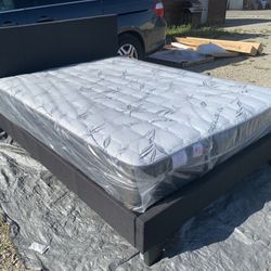 Black Fabric New Queen Nice Bed With Orthopedic Supreme Mattress Included 