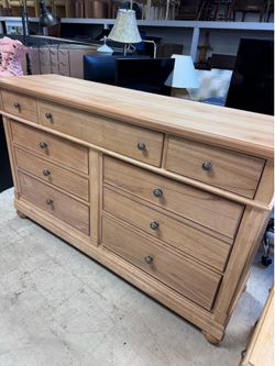 6-Drawer Dresser in Natural Oak, featuring rustic farmhouse design & dark metal hardware