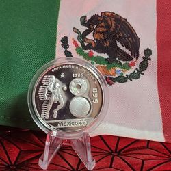 1985 MEXICO FIFA World Cup 1986 Football Soccer PRF Silver 50 Peso Coin