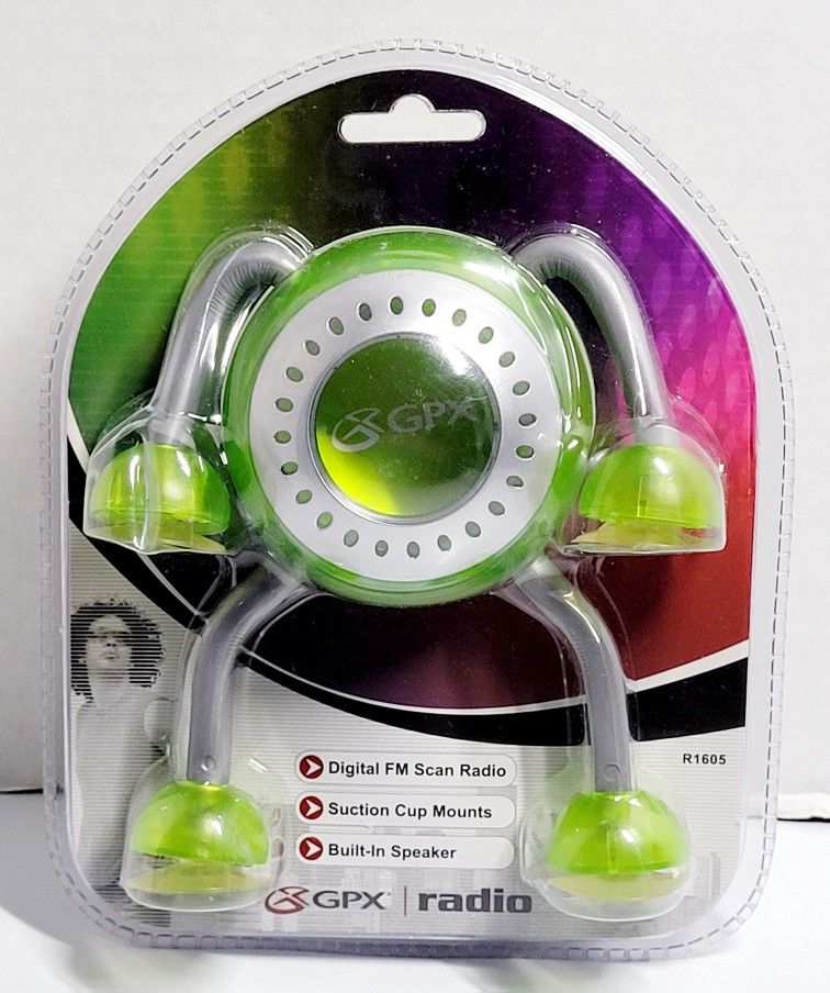 New Sealed GPX Neon Green Digital FM Scan Radio R1605TGRN W/ Suction Cup Mounts. The image shows a GPX R1605 Digital FM Scan Radio with Suction Cup Mo