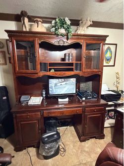 Mahogany Desk with curio and large chair
