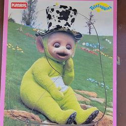 Vtg Playskool Teletubbies Green Dipsy Wooden Frame Tray 4pc  Puzzle 1998 Cow Hat