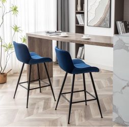 New Blue Bar Stools Set of 2, Luxury Counter Height Barstools 24-Inch Bar Stool 24 Inch Seat Height, Velvet Upholstered Barstool, Blue Counter Stools