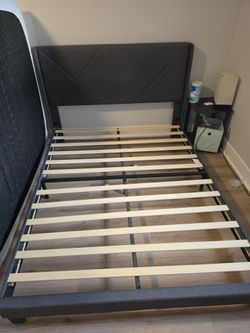 Queen Upholstered Bed Frame with Geometric Headboard