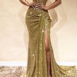 Bmbridal Gold Off-the-Shoulder Prom Dress Sequins Long Slit 