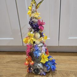 Hand Crafted Tree With Shells, Seaglass And Flowers