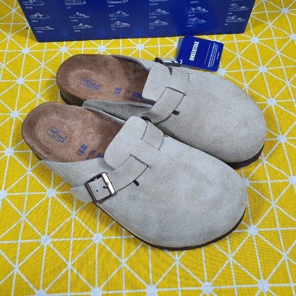 Birkenstock Boston taupe suede mule clogs