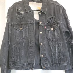 Levi's Black Distressed Denim Jacket, Size L