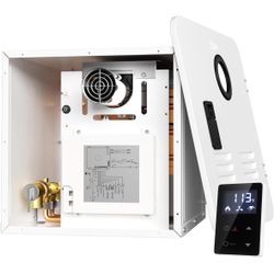 65,000 BTU RV Tankless Water Heater, 3.9 GPM Propane RV Hot Water Heater with 15x15in White Door and Remote, High Altitude Available, DC 12V