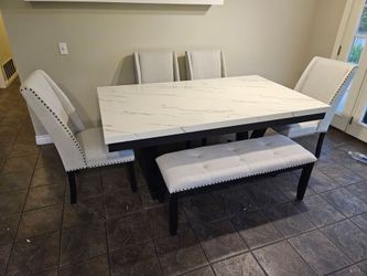 Brand New Dining Set Faux Marble Top 4 Chairs & Bench $899