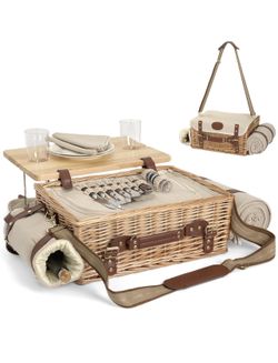 New! Satisinside Complete Luxury Picnic Basket! Real Plates! Real Silverware! Built In Table!