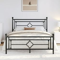 Sha Cerlin Full Size Black Metal Platform Bed with Vintage Victorian Headboard