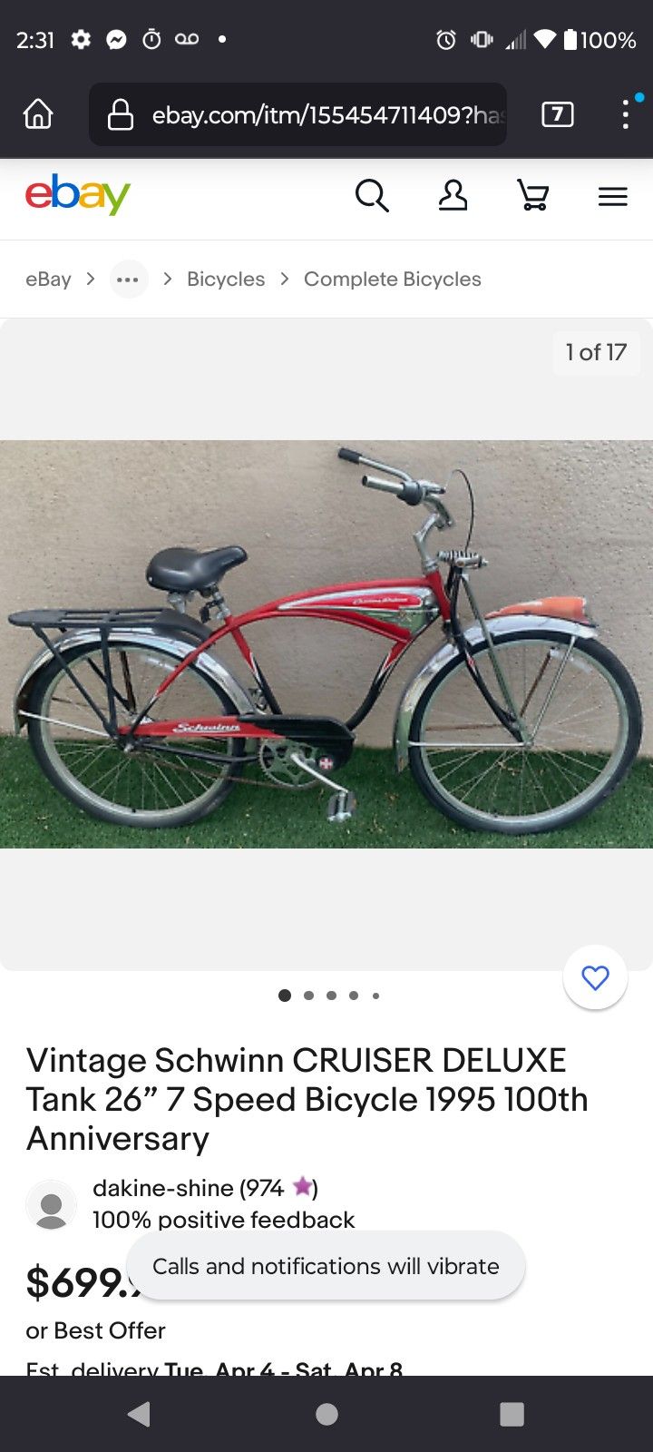 RED SCHWINN CRUISER DELUXE (vintage)