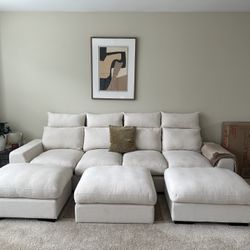 Beautiful Cream Linen U-Shaped Couch + Extra Ottoman