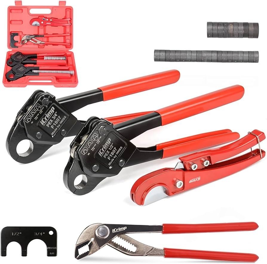 iCrimp Angle Head F1807 PEX Pipe Crimping Tool for Copper Rings - 1/2&3/4-inch Two Crimper Set with 9.5" Groove Joint Pliers, PPR Cutter, 20PCS 1/2" a