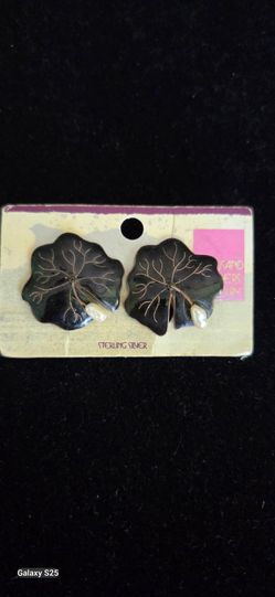 Sterling silver, Thousand flowers, black enamel Lilly pad pierced earrings