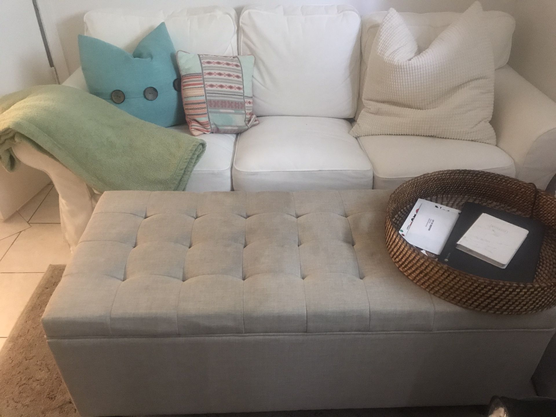 White couch, ottoman, white bookcase, beach wood console, black bookcase, brown sectional, 50” TV, 19” TV, brand new iPods, IPad Air, and much more!!