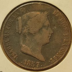 🇪🇸1857 Spanish Queen Isabella II Scarcer Date Coin 25 Centimos
