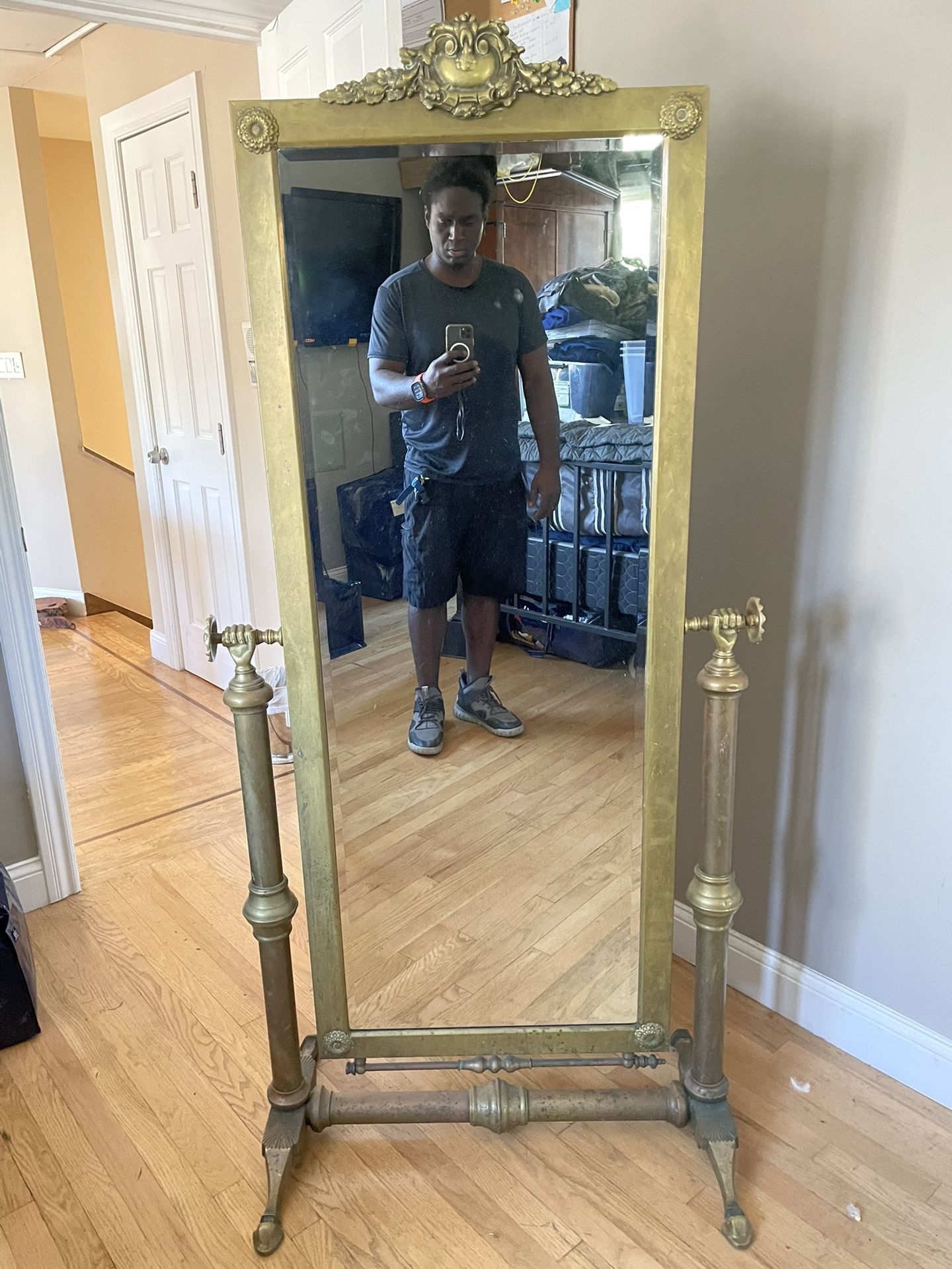 RARE Antique Prussian Art Deco Brass Cheval Floor Mirror – Adjustable & Ornate!