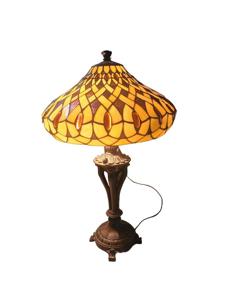 Vintage Stained Glass Table Lamp Brass Base