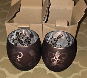YANKEE FLICKERING BROWN METALLIC W/SILVER GLASS VOTIVE TEALIGHT CANDLE HOLDER SET OF 2.