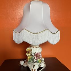 Vintage Porcelain Boudoir Fringe Shaded Lamp Victorian