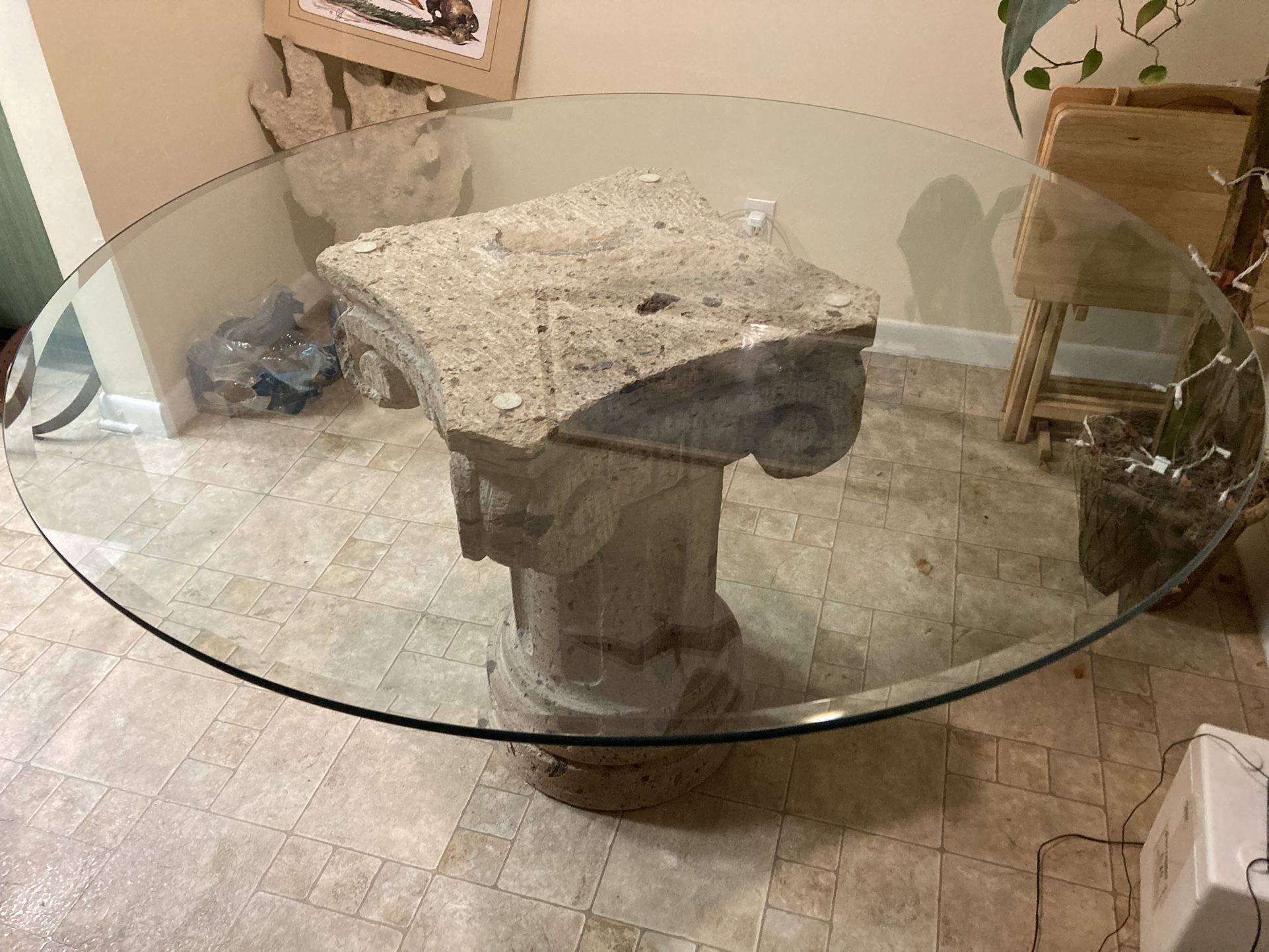 Vintage Coastal Coquina Stone Column Dining Table Pedestal With Glass Top — Art Deco — Indoor or Outdoor table