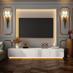 White Mirrored Finished TV Stand Entertainment Center Fits TV's Up to 70 in. with 4 Drawers for Living room Storage