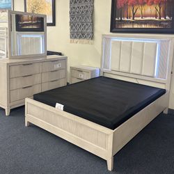 Queen White Antique Bedroom Set ( Bed Frame, Dresser, Mirror And One Nightstand) 