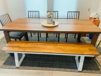 Solid Wood Dining Table Set with 4 Chairs + Bench – 7ft Long